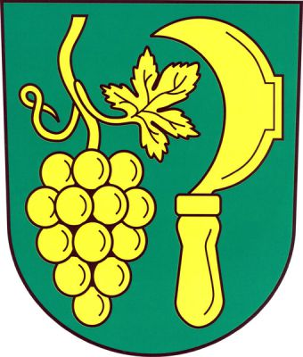 V zeleném štítě vinný hrozen na stonku s jedním listem a úponkem a vinařský nůž - kosíř, vše zlaté. Znak Hlína