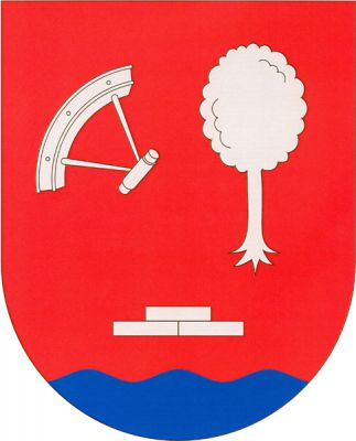 V červeném štítě nad vlnitou modrou patou tři (1,2) spojené cihly, nad nimi vpravo kosmo položený korbel a vlevo vykořeněný listnatý strom, vše stříbrné. Znak Hlince