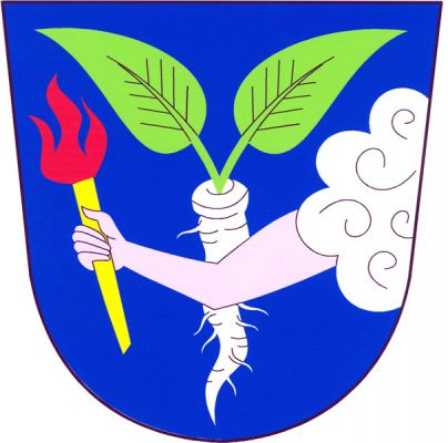 V modrém štítě zleva ze stříbrného oblaku vynikající rameno přirozené barvy držící zlatou pochodeň s červeným plamenem, podložené stříbrným kořenem křenu se dvěma zelenými listy. Znak Hlízov