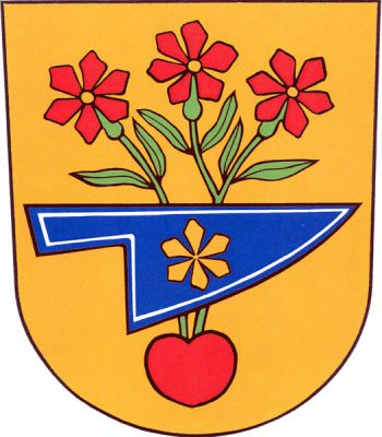 Ve zlatém štítě vyrůstají z červeného srdce na dvou zelených stoncích, z nichž levý je rozdvojený a každý má dva lístky, tři červené šestilisté květy se zlatými středy. Vše přeloženo položenou, doleva obrácenou modrou radlicí se zlatým šestilistým květem. Znak Hlohovec