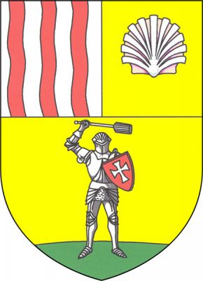 Dělený štít. Nahoře stříbrno - zlatě polcený, vpravo tři červené vlnité kůly, vlevo dolů obrácená mušle přirozené barvy. V dolním zlatém poli na zeleném trávníku muž v brnění se zavřeným hledím držící v pravici nad hlavou palcát, vše přirozené barvy, a v levici červený gotický štít se stříbrným tlapatým křížem. Znak Hluboká nad Vltavou
