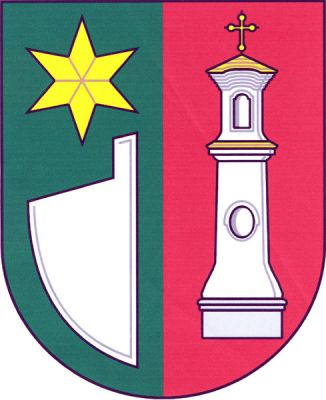 V zeleno-červeně polceném štítě vpravo stříbrná radlice převýšená zlatou hvězdou, vlevo stříbrná zděná boží muka se zlatou stříškou a křížkem. Znak Hlušovice