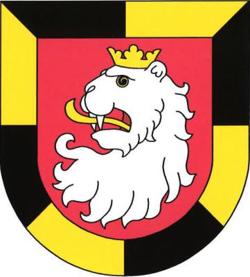 V červeném štítě s černo-zlatým štenýřovým lemem stříbrná korunovaná hlava lva s krkem a zlatým jazykem. Znak Hněvkovice
