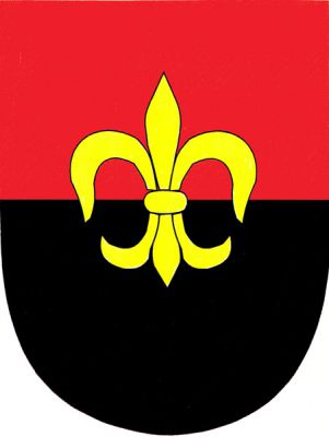 V červeno-černě děleném štítě zlatá lilie. Znak Hněvnice