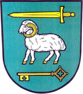 V zeleném štítě stříbrný beran se zlatou zbrojí, provázený nahoře zlatým mečem, dole zlatým klíčem. Znak Hněvošice