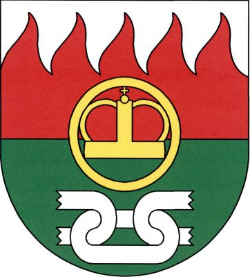 V červeno - zeleně děleném štítě pod stříbrnou plamenitou hlavou ve zlatém kruhu knížecí čepice zdobená křížkem, pod ním tři články položeného stříbrného řetězu, krajní poloviční rozlomené. Znak Hobšovice