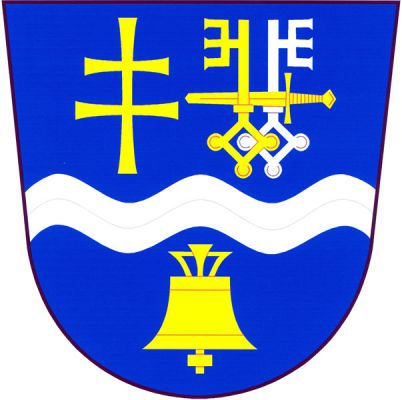V modrém štítě stříbrné vlnité břevno, nahoře vpravo zlatý patriarší kříž, vlevo dva vztyčené, odvrácené a dole přeložené gotické klíče, zlatý a stříbrný, proložené položeným zlatým mečem, dole zlatý zvon. Znak Hodonín