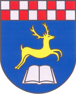 V modrém štítě pod stříbrno-červeně dvěma řadami šachovanou hlavou doleva běžící zlatý jelen, pod ním stříbrná rozevřená kniha. Znak Hodslavice