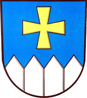 V modrém štítě nad stříbrnou palisádovou hradbou se čtyřmi kůly zlatý tlapatý kříž. Znak Holasovice