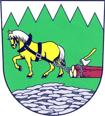 V zeleném štítě pod stříbrnou pilovitou hlavou zlatý kráčející kůň se stříbrnou hřívou a ocasem, černým postrojem táhnoucí na stříbrném řetězu tři klády přirozených barev, do nichž je zaťata stříbrná sekera se zlatým topůrkem. V patě štítu stříbrná kamenná hráz. Znak Holčovice