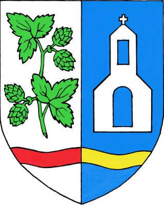 Ve stříbrno - modře polceném štítě nad sníženým červeno - zlatě polceným vlnitým břevnem vpravo zelený stonek chmele se dvěma listy a dvěma dvojicemi šištic, vlevo kaplička s prázdnými dveřmi a oknem, zakončená křížkem, vše stříbrné. Znak Holedeč