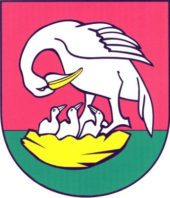 V červeno-zeleně sníženě děleném štítě stříbrný pelikán se zlatou zbrojí skloněný nad třemi stříbrnými mláďaty ve zlatém hnízdě. Znak Holetín