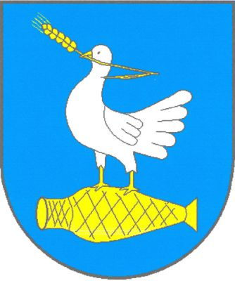 V modrém štítě stříbrná holubice se zlatou zbrojí a zlatým obilným klasem v zobáčku, stojící na položené zlaté amfoře. Znak Holubice