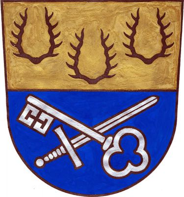 Zlato-modře dělený štít. V horním poli troje černé paroží (2+1), v dolním poli křížem přeloženým klíč a meč, vše stříbrné. Znak Holýšov