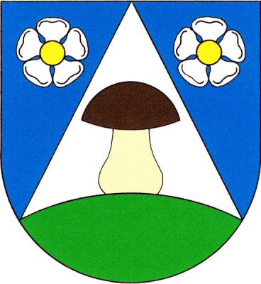 V modrém štítě stříbrný hrot provázený dvěma stříbrnými růžemi se zlatými semeníky. V hrotu na zeleném návrší hřib přirozené barvy. Znak Homole u Panny