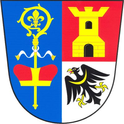 Polcený štít, v pravém modrém poli zlatá berla s lilií v hlavici se stříbrným sudariem do stran, přeložená červenou zlatě zdobenou knížecí čepicí, v levém, červeno-stříbrně děleném poli nahoře zlatá věž s cimbuřím s černým valeným oknem a branou, dole kosmá černá orlice se zlatou zbrojí a perizoniem a s červeným jazykem. Znak Honezovice