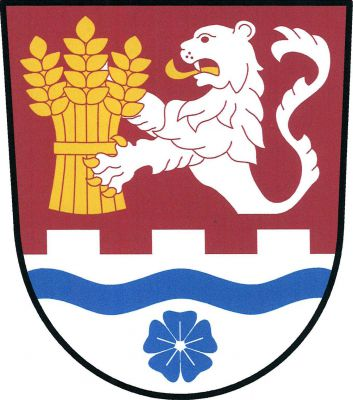 V červeném štítě polovina stříbrného lva se zlatou zbrojí a jazykem držícího zlatý obilný snop nad zvýšenou stříbrnou cimbuřovou patou s modrým zúženým vlnitým břevnem nad modrým květem lnu se stříbrným středem. Znak Hořenice