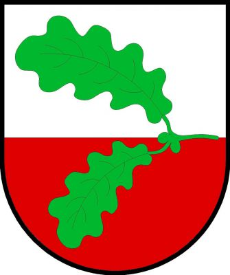 Ve stříbrno-červeně děleném štítě položený zelený dubový dvojlist. Znak Hořešovice