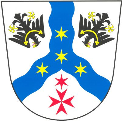 Ve stříbrném štítě modrá vlnitá dolů obrácená vidlice se čtyřmi zlatými hvězdami uprostřed, v horních koutech provázená dvěma do středu obrácenými černými orlicemi se zlatou zbrojí a jetelovitě zakončeným perizoniem, dole osmihrotý kříž převýšený hvězdou, obojí červené. Znak Hořín