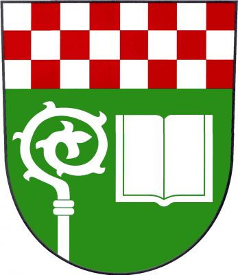 V zeleném štítě pod stříbrno - červeně šachovanou hlavou vpravo vyrůstající doleva otočená berla, vlevo otevřená kniha, obojí stříbrné. Znak Hořiněves