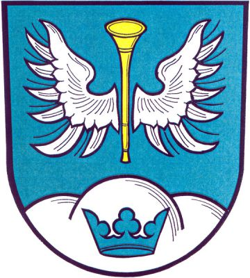 V zeleném štítě nad stříbrným trojvrším se zelenou korunou zlatá vztyčená trouba mezi stříbrnými křídly. Znak Horní Bečva