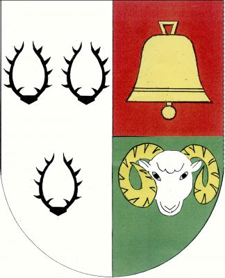 Polcený štít, v pravém stříbrném poli tři (2, 1) černá jelení paroží, levé pole červeno-zeleně dělené, nahoře zlatý zvon, dole čelně stříbrná beraní hlava se zlatými rohy. Znak Horní Bělá