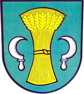 V zeleném štítě zlatý obilný snop provázený dvěma přivrácenými stříbrnými srpy. Znak Horní Bludovice