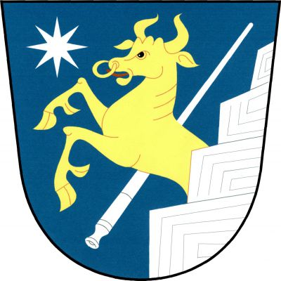V modrém štítě vlevo ze stříbrné vyrůstající skály vyskakující zubr s kruhem v nozdrách, obojí zlaté, s červeným jazykem, šikmo podložený vztyčenou sklářskou píšťalou a provázený v pravém rohu osmihrotou hvězdou, obojí stříbrné. Znak Horní Bradlo
