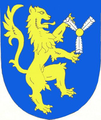 V modrém štítě doleva obrácený zlatý lev držící zlatou kouli postrkanou třemi (2,1) stříbrnými pštrosími pery. Znak Horní Branná