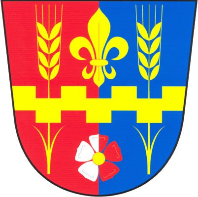 V červeno-modře polceném štítě zlaté cimbuřové břevno po stranách podložené zlatým obilným klasem, každý se dvěma listy, provázené nahoře zlatou lilií, dole stříbrno-červeně polcenou růží se zlatým semeníkem. Znak Horní Kamenice