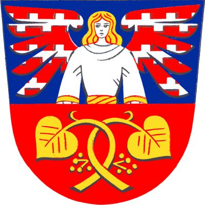 V modro-červeně děleném štítě vyrůstá nahoře zlatovlasý anděl ve stříbrném šatě se zlatým pásem a lemy rukávů, s červenými křídly, každé se třemi stříbrnými cimbuřovými břevny, dole dvě dvakrát zkřížené zlaté lipové snítky, každá s jedním listem a plodenstvím. Znak Horní Lhota