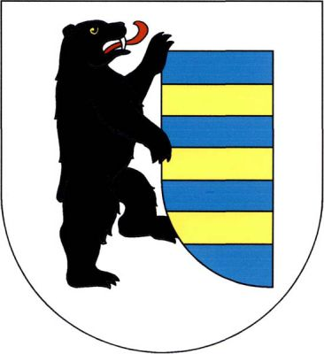 Ve stříbrném štítě doleva obrácený černý medvěd ve skoku s červeným jazykem přidržující pravou půli modrého štítu se třemi zlatými břevny. Znak Horní Pěna