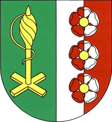 Polcený štít, v pravém zeleném poli zlatá přeslice, v levém stříbrno-červeně polceném poli pod sebou tři růže opačných barev se zlatými semeníky. Znak Horní Podluží