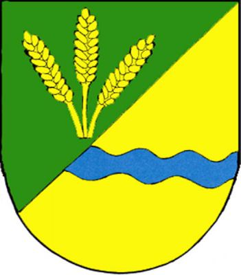 Zeleno-zlatě šikmo dělený štít, nahoře tři zlaté obilné klasy, dole modré vlnité břevno. Znak Horní Ředice