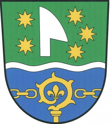 Zeleno-modře stříbrným zúženým vlnitým břevnem dělený štít. Nahoře doleva obrácená vztyčená stříbrná radlice provázená po stranách pěti zlatými osmihrotými hvězdami (2, 3), dole vyrůstající zlatá berla se závitem zakončeným lilií přerušující zlatý řetěz vynikající z okrajů. Znak Horní Studénky