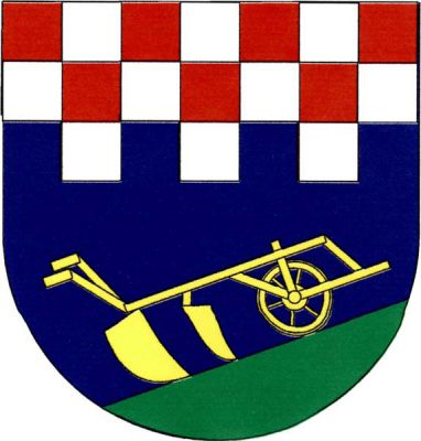 V modrém štítě pod červeno-stříbrně dvěma řadami šachovanou cimbuřovitou hlavou se třemi stříbrnými dolů obrácenými stínkami na šikmém zeleném trávníku zlatý, doleva obrácený pluh. Znak Horní Ves