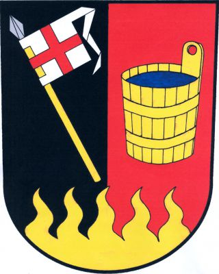 V černo-červeně polceném štítě se zlatou plamennou patou s pěti plameny vpravo kosmo stříbrný praporec s ocasem s červeným heroldským křížem na zlaté žerdi, vlevo zlatá putýnka s vodou. Znak Hornosín