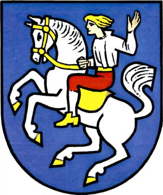 V modrém štítě na stříbrném koni ve skoku, se zlatými kopyty, uzdou a sedláním, jezdec ve stříbrné košili a červených kalhotách. Znak Horoměřice