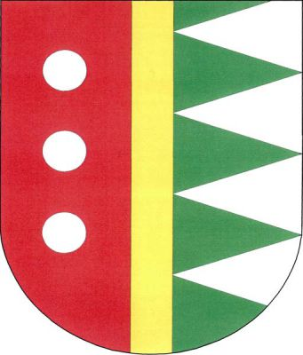 Červeno-zeleně polcený štít se zlatým kůlem. Vpravo tři stříbrné koule pod sebou, vlevo čtyři zleva položené stříbrné klíny. Znak Horšice