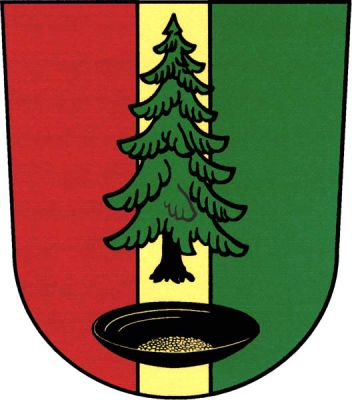 V červeno-zlato-zeleně polceném štítě v prostředním poli vykořeněný smrk přirozené barvy nad černou rýžovací pánví se zlatou horninou. Znak Horská Kvilda