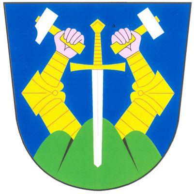 V modrém štítě vyrůstají ze zeleného trojvrší dvě přivrácená, zlatě obrněná ramena, pravé drží kladivo, levé mlátek, obojí stříbrné na zlatých topůrkách, uprostřed postavený stříbrný meč se zlatým jílcem. Znak Hory