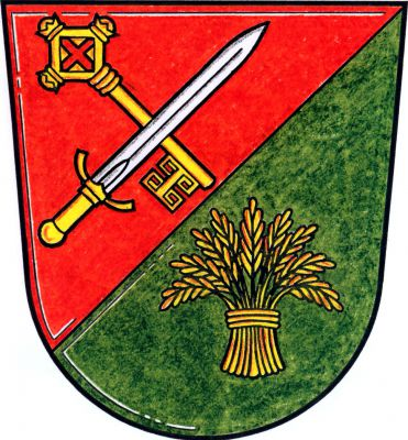 V červeno-zeleně šikmo děleném štítě nahoře kosmo postavený zlatý gotický klíč zuby dolů, šikmo přeložený vztyčeným stříbrným mečem se zlatým jílcem, dole postavený zlatý obilný snop. Znak Hosín