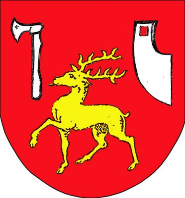 V červeném štítě kráčející zlatý jelen provázený nahoře odvrácenou sekerou a radlicí, obojí stříbrné. Znak Hošťálková