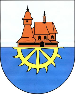 Ve stříbrno-modře děleném štítě nahoře vyrůstá dřevěný kostel přirozené barvy s věží vpravo, dole vyniká půl zlatého nožového kola. Znak Hrabová