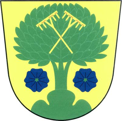 Ve zlatém štítě ze zeleného trojvrší vyrůstající zelený habr se dvěma zkříženými zlatými hráběmi v koruně, provázený dole dvěma modrými květy lnu se zelenými středy. Znak Hrabůvka