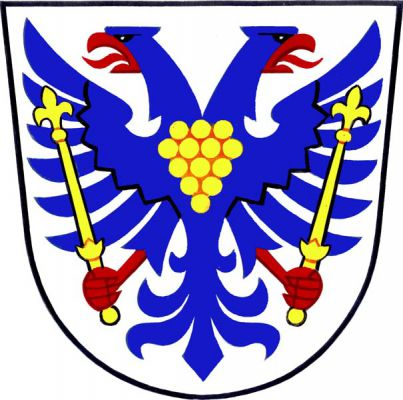 Ve stříbrném štítě modrý dvouhlavý orel s červenou zbrojí a zlatým vinným hroznem na hrudi, držící v obou spárech zlatá liliová žezla. Znak Hradčovice