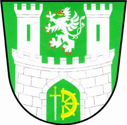 V zeleném štítě stříbrný hrad s kvádrovanou hradbou s cimbuřím a s prázdnou gotickou branou a se dvěma věžemi, každá s prázdným oknem a s cimbuřím. Mezi věžemi stříbrný dvouocasý gryf s červenou zbrojí a zlatým jazykem, v bráně vedle sebe postaveny stříbrný meč se zlatým jílcem a levá polovina zlatého kola svaté Kateřiny. Znak Hradec nad Svitavou