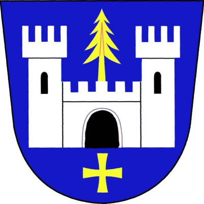 V modrém štítě stříbrný hrad tvořený dvěma věžemi s cimbuřím, každá s černým oknem, spojenými branou s cimbuřím a černými zavřenými vraty. Z brány vyrůstá zlatý smrk, pod vraty zlatý tlapatý kříž. Znak Hrádek