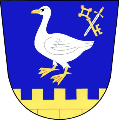 V modrém štítě nad sníženou zlatou kvádrovanou hradbou s cimbuřím stříbrná husa, se zlatou zbrojí provázená vlevo nahoře kosmo postaveným zlatým gotickým klíčem zuby nahoru, šikmo podloženým postaveným stříbrným mečem se zlatým jílcem. Znak Hrádek
