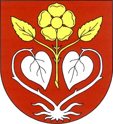 V červeném štítě zlatá růže na stonku se dvěma listy nad stříbrnými vykořeněnými lekny. Znak Hrdlív